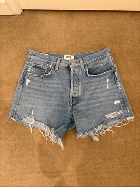 Agolde Light Blue Distressed High-Rise Denim Shorts